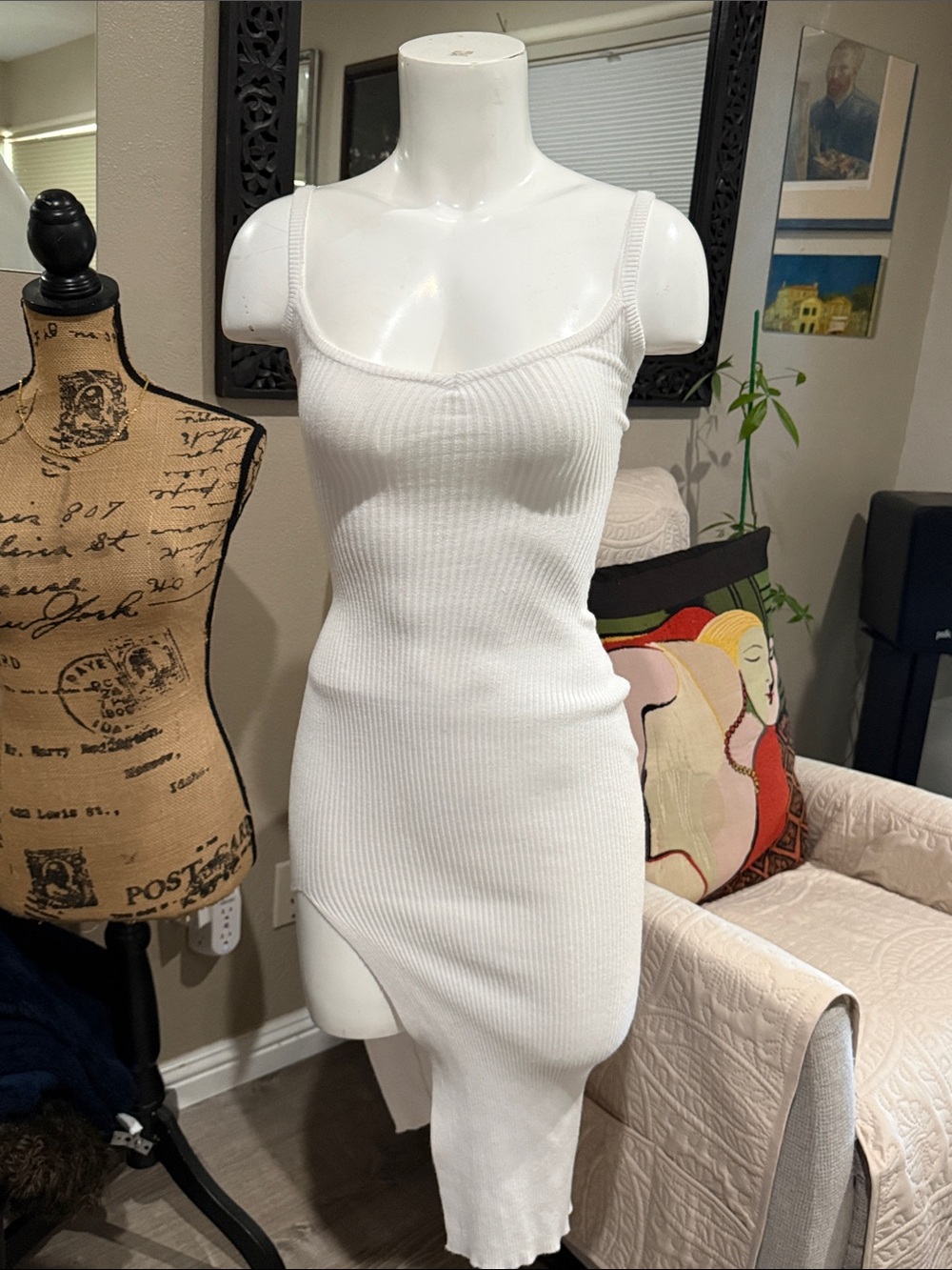 Windsor White Ribbed Asymmetric Tank Dress
